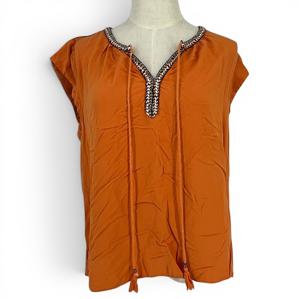 DR2 Women XL Burnt Orange Embroidered V-Neck Tassel Tie Cap Sleeve Blouse Top